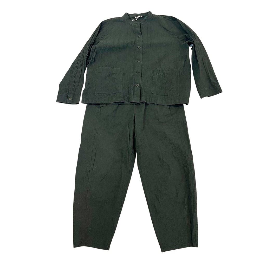 Eileen Fisher Organic Cotton Seersucker Set Top and Pants Dark Green Size Large
